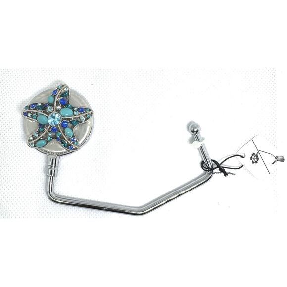 BLING STARFISH PURSE BAG HOOK HOLDER BLUE TURQUOISE FOLDING HANDBAG TABLE HANGER - Picture 2 of 4